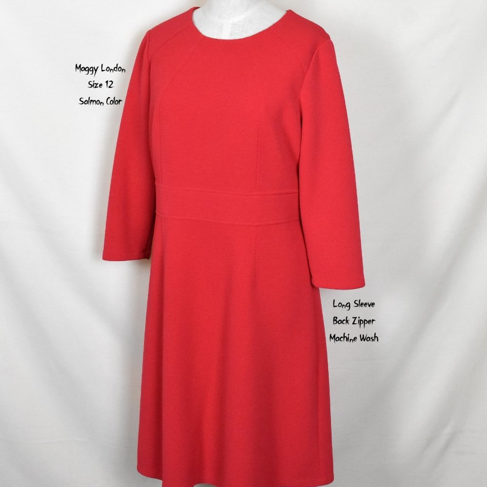 MAGGY LONDON Dress 12 Salmon Color Machine Wash Back Zipper Long Sleeve